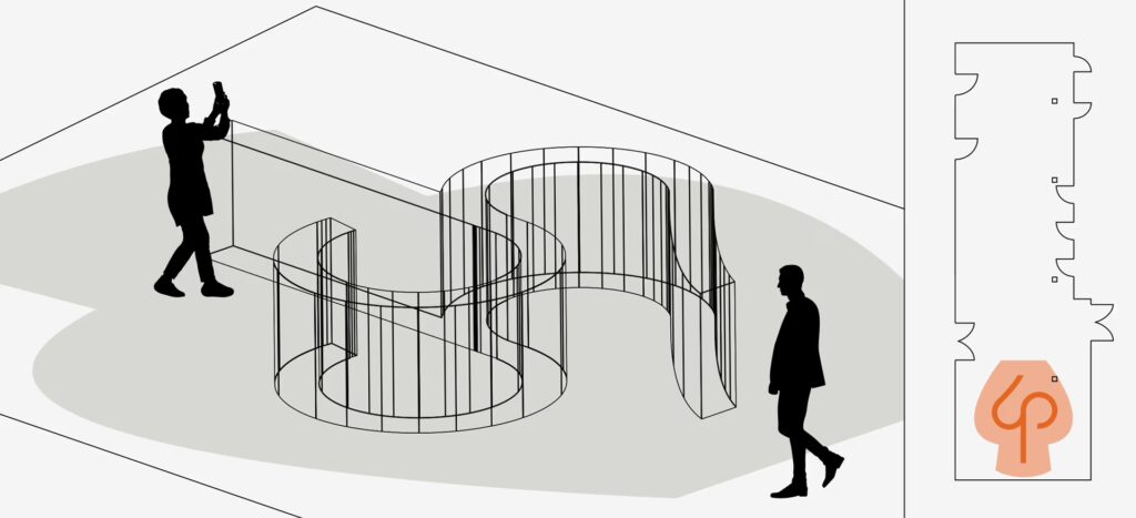 Skizze eines geschwungenen Tresens. Daneben zwei skizzierte Ausstellungsbesucher. Außerdem ein Grundriss des Ausstellungsraums.