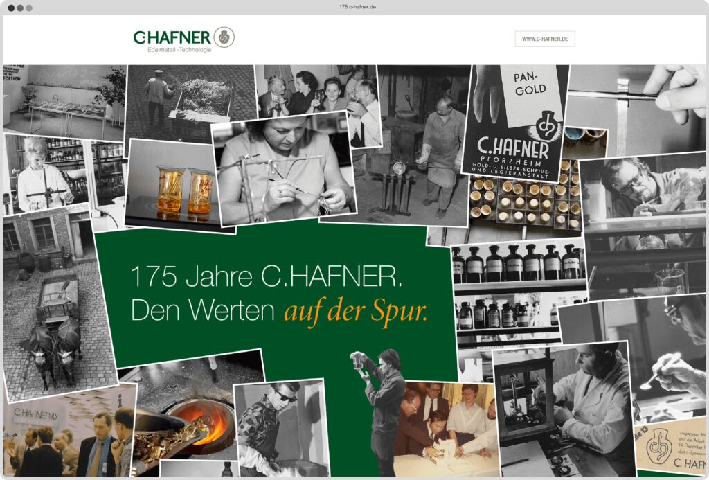 Screenshot der Startseite der C. Hafner-Website mit dem Text: 175 Jahre C. Hafner. Den Werten auf der Spur. Illustriert mit historischen Fotos.