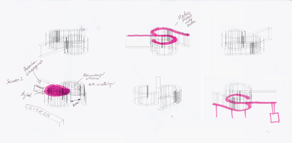 Handschriftliche Skizzen eines geschwungenen Tresens aus verschiedenen Perspektiven.