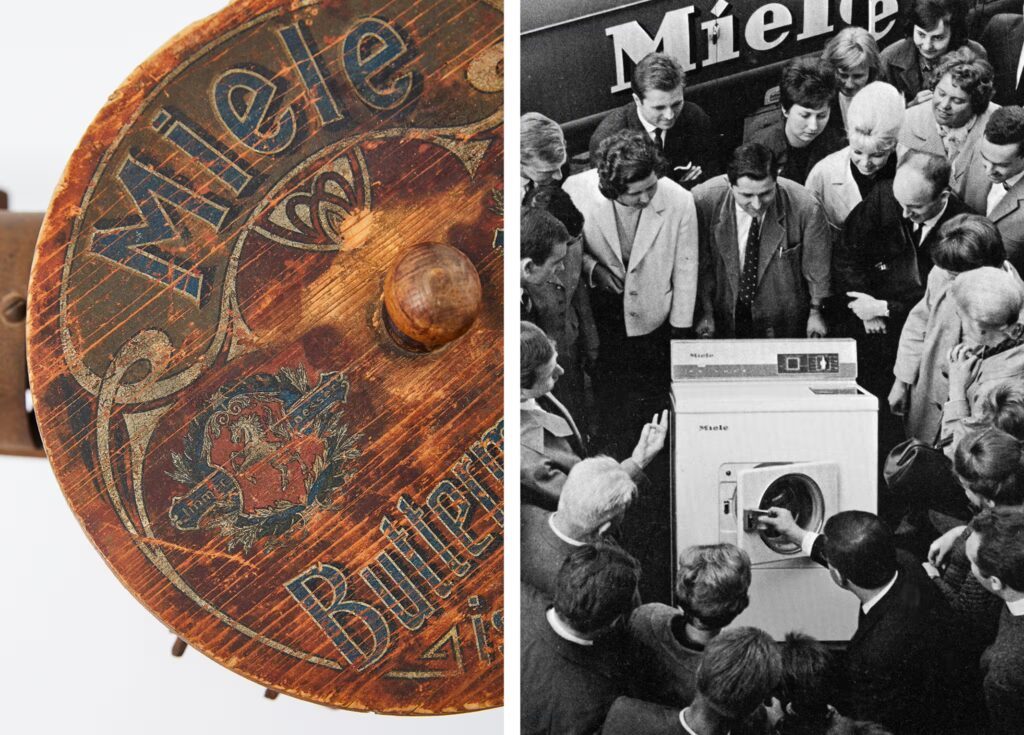 Historische Fotos: Miele Buttermaschine aus Holz (links) und Personen stehen um eine Miele Waschmaschine herum. Im Hintergrund ist ein Miele Logo zu sehen. (rechts, schwarz-weiß)
