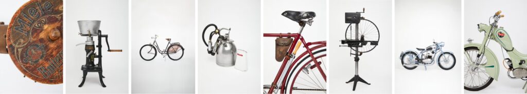Bilderleiste mit historischen Miele Produkten: Buttermaschine, Milchzentrifuge, Damenfahrrad, Melkeimer, rotes Sport-Tourenfahrrad, Felgen-Spannmaschine, Miele Motorrad Modell 150 in hellblau, Miele Mopped-Roller Modell K-51 in hellgrün.