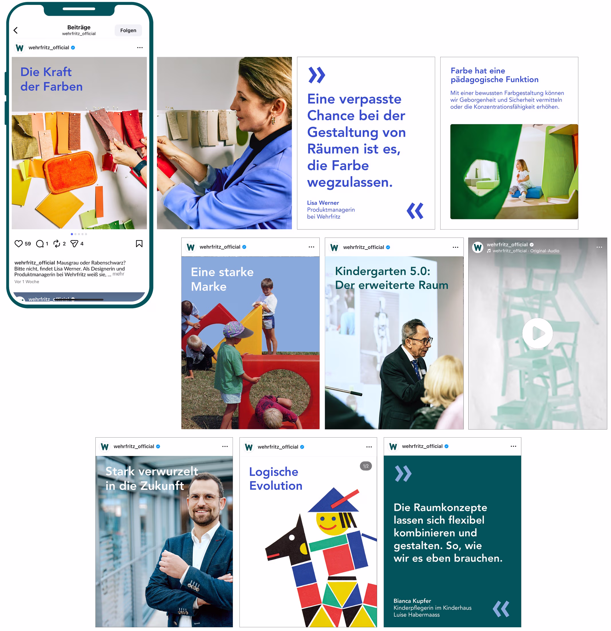Darstellung von Slides unterschiedlicher Social-Media-Posts. Ein Slide ist in einen stilisierten Smartphone-Rahmen integriert.
