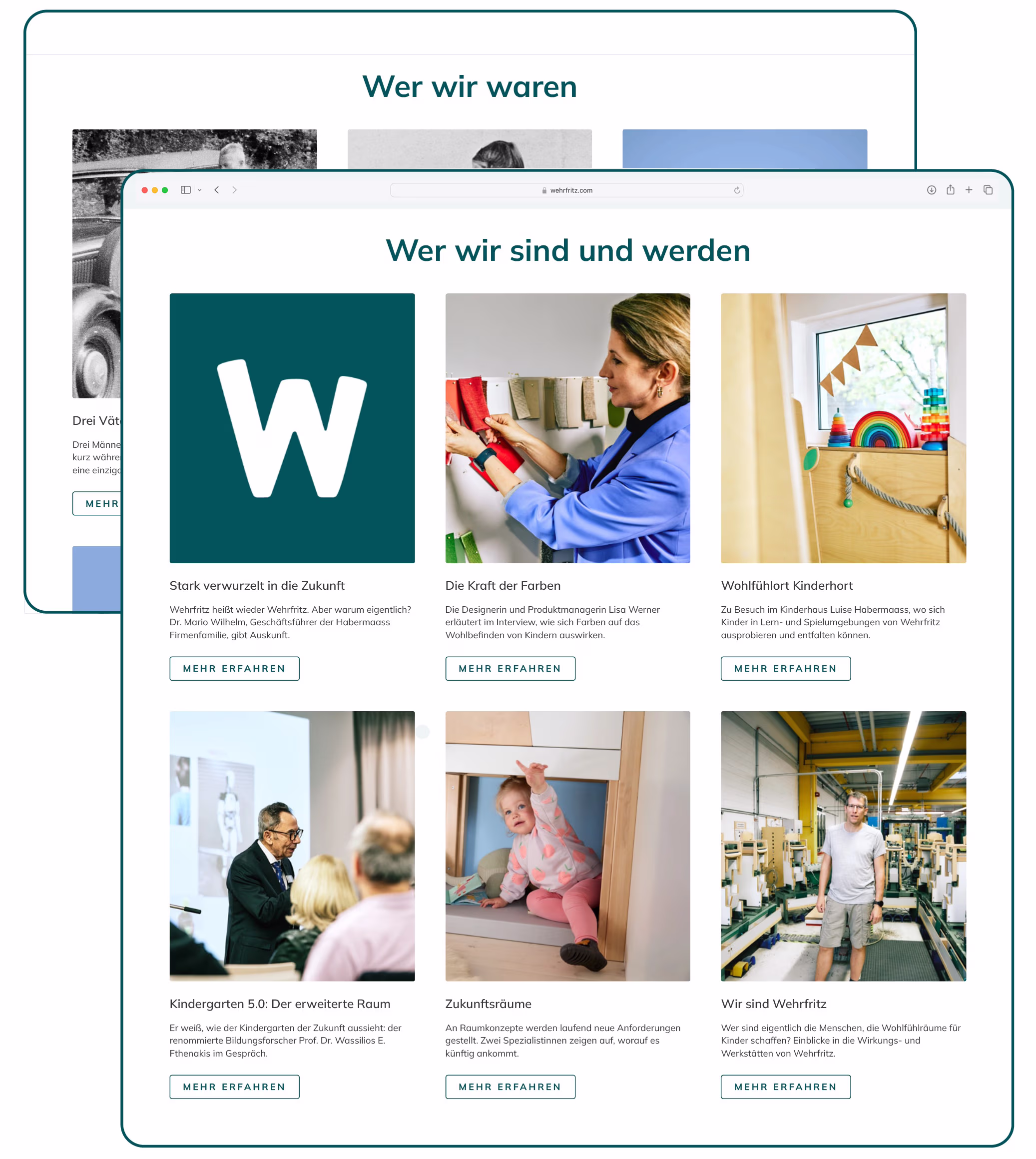 Darstellung der Website innerhalb eines stilisierten Tablet-Rahmens. Storys aus dem Gestern und Heute werden gezeigt.