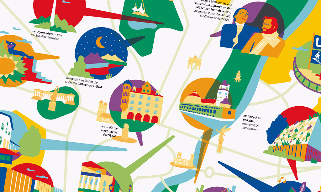Detailaufnahme einer illustrierten Karte von München mit hervorgehobenen Sehenswürdigkeiten.