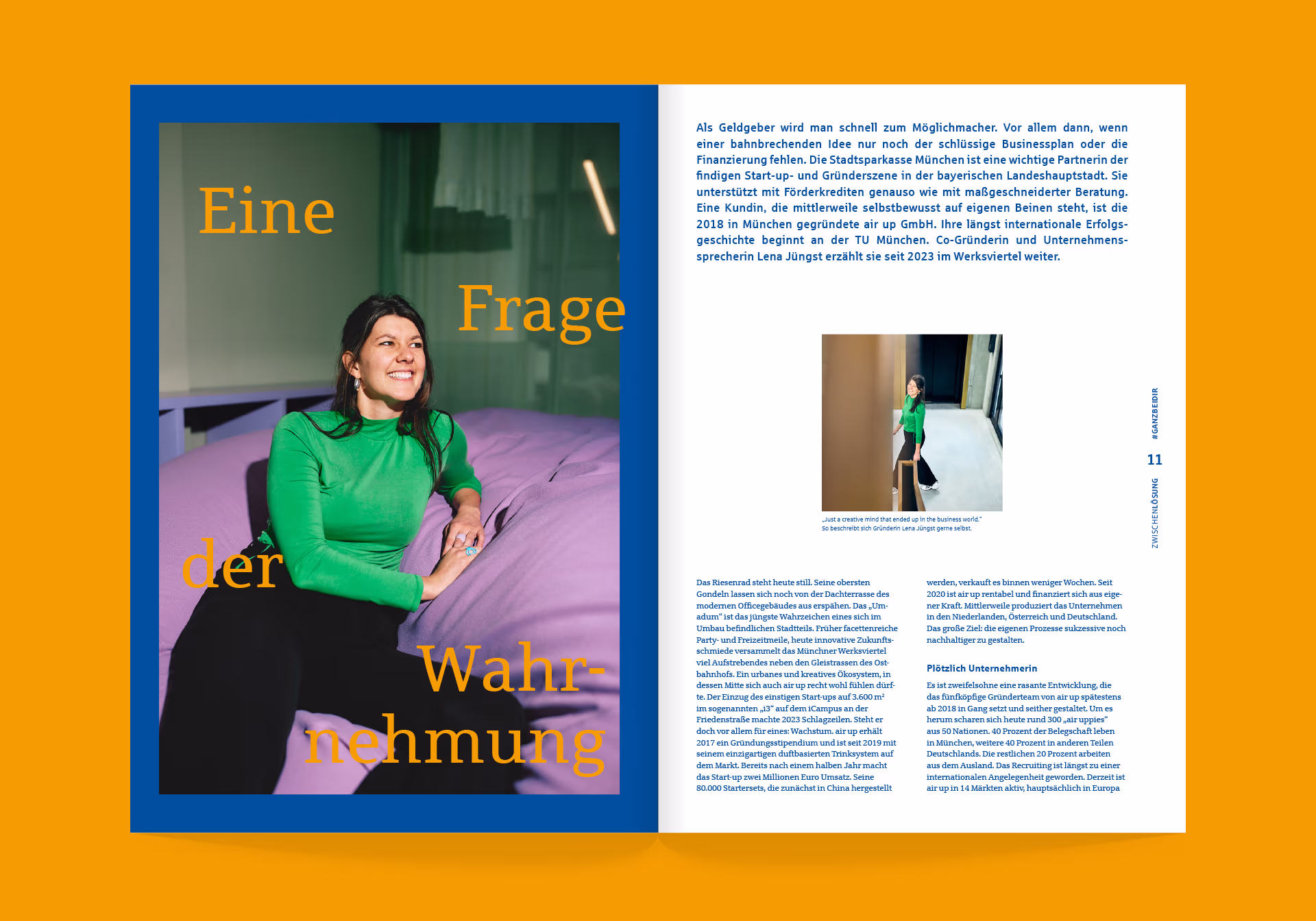 Doppelseite zu Artikel Eine Frage der Wahrnehmung. Links: Eine Frau sitzt auf einem großen Sitzkissen. Rechts: Text und Bild einer laufenden Frau.