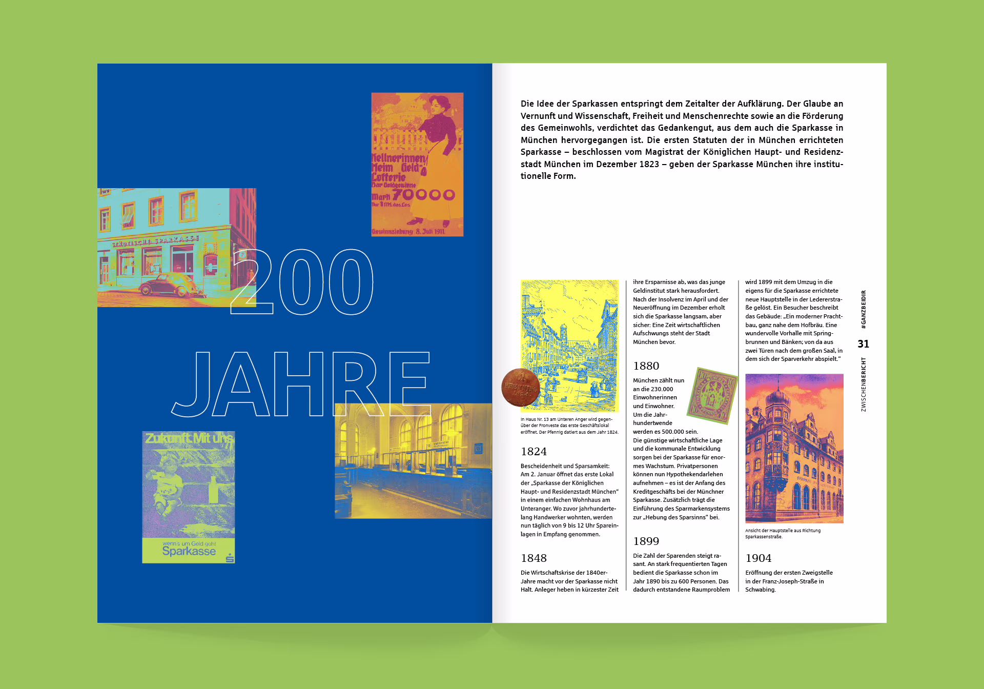 Doppelseite Historie mit Meilensteinen und historischen Bildern.